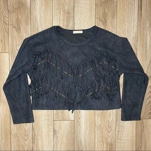 Lareine Fringe Studded Faux Suede long Sleeve Blue Crop Top